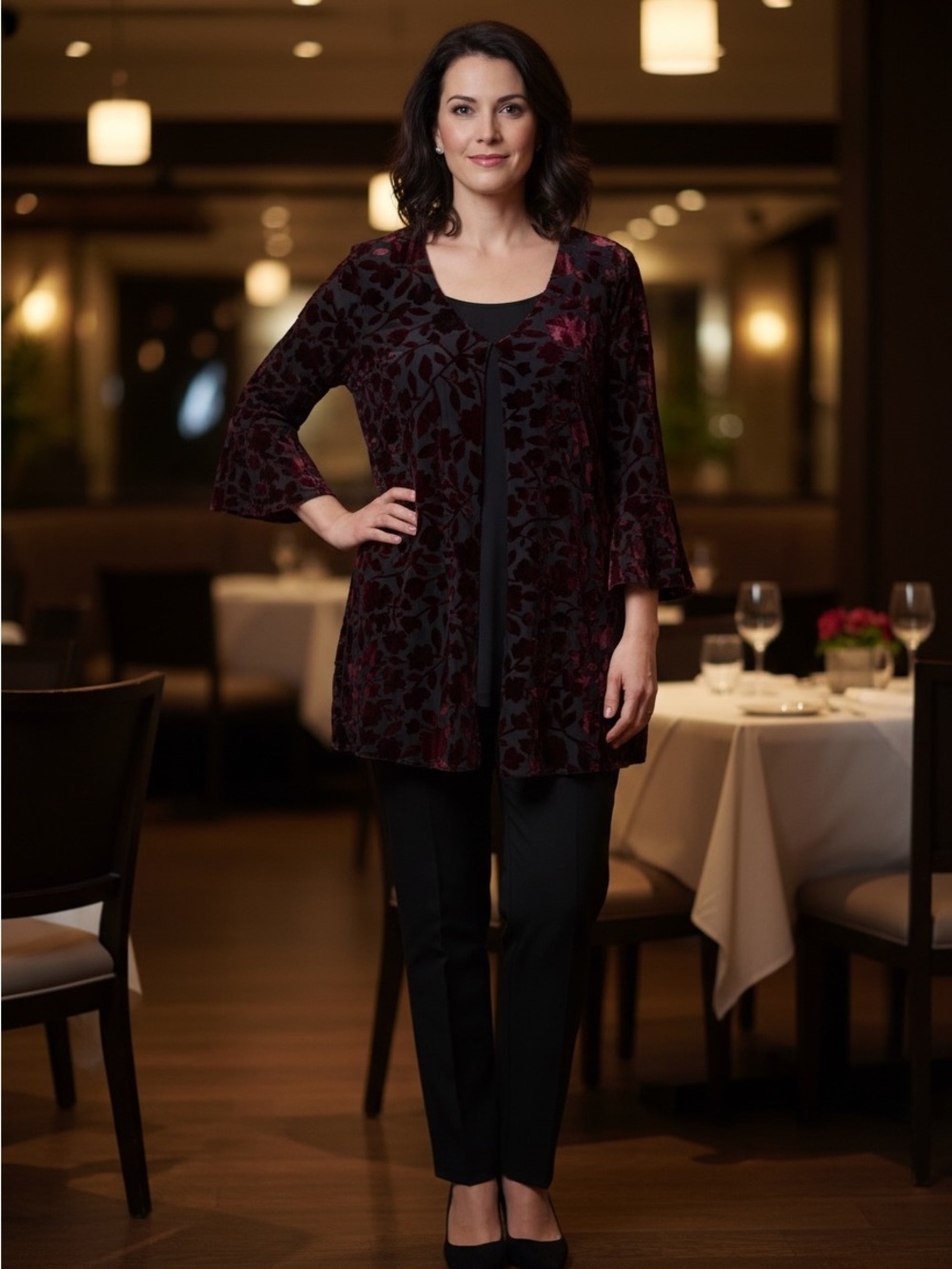 Frank Lyman Design Velvet Burnout Evening Top Bell Sleeve Tunic Size 14